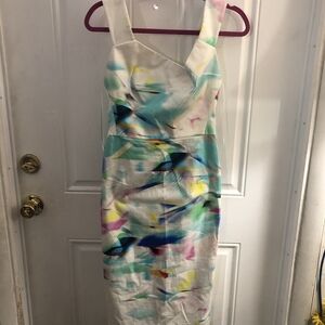 Roland Mouret Strapless Dress in Blue and Yellow Abstract Print